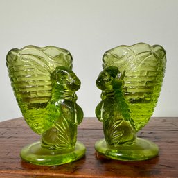 Pair Of Vintage Green Glass Bunny Toothpick Holders (HW)