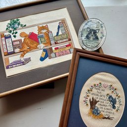 Pair Of Cross Stitch Framed Pieces And Cat Suncatcher (LR)