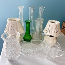 Collection Of Small Glass Vases, Tealight Candle Holders & Creamer (BR)