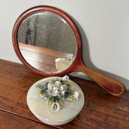 Vintage Wooden Hand Mirror And German Opalescent Lidded Trinket Dish With Flowers (HW)