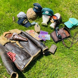 WOW! Vintage Military Gear Incl. Leather Bomber Jacket, Field Phone, Hats, & More (BsmtEntry)