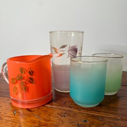 Vintage Frosted Glass Drinking Glasses & Small Orange Pitcher (HW)