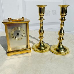 Small Brass Analog Clock & Pair Of Baldwin Brass Candlesticks (NK 50619)