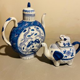 2 Beautiful Blue & White Teapots - (one Elephant Themed) - (BSMT Back Right)