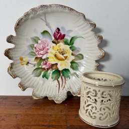 Vintage Scalloped Edge Floral Gold Rimmed Dish & Lenox Candle Holder (HW)