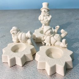 Trio Of Ceramic Snowmen Tealight Candle Holders (BR)