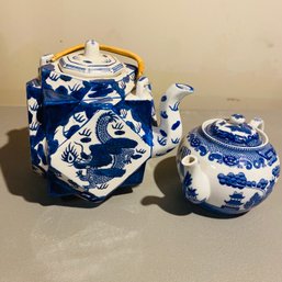 2 Nice Blue & White Teapots With (one With Tea Strainer Insert) - (BSMT Back Right)