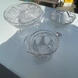 Lot Of 3 Heavy Glass Serving Pieces Bowl - Pitcher & Sugar Bowl (NK)