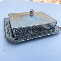 Vintage Small Covered Glass Butter / Serving Dish - Trinket Holder - On Tray (garage)