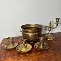 Brass Pot And Four Candleholders, Made In India (HW)