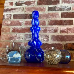 Decorative Art Glass: Blue Swirl Vase, Angel Fish, Golden Apple, And Blue Sphere (LR)