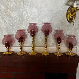 Beautiful Set Of 6 Baldwin Candle Sticks And Pink Cups Varying Height And Design (LR)