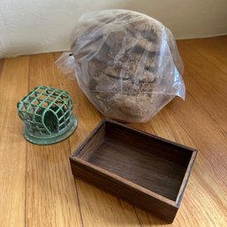 Vintage Metal Beagle Flower Frog, Wooden Box, And Bag Of Sponge (Dining Room)