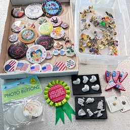 Large Lot Of Pinback Buttons & Small Pins (BR)