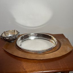 Vintage Rogers Silver Plate Dish, Wood Tray With Silver Plate Platter, And Pewter Bowl