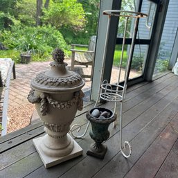 Outdoor Metal Planter, Ceramic Urn, & Vintage Cast Iron Urn/Planter (Porch)