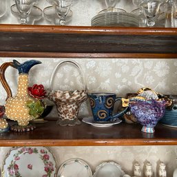 Mixed Lot Of Unique Vintage Decorative Glassware & Stoneware, Handblown Glass, Pitcher, Vase, Bowls, Etc (Dini
