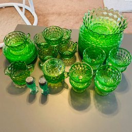 Vintage Emerald Checkered Depression Uranium Glass Dinnerware Set