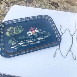 Black Hand Painted Tole Tray With Man On Horseback With Dogs (garage)