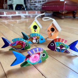 Painted Wooden Fish And Birdhouse Lot (LR)