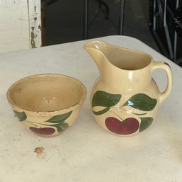 Cute Vintage Ovenware Yelloware Painted Fruit Pitcher & Bowl Set (NK)
