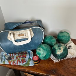 Four Vintage Teal Candlepin Bowling Balls Plus Bag And Vintage Towels - See Desc. (KR)