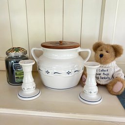 Longaberger Jar And Candlesticks With Bear And Yankee Candle (porch)