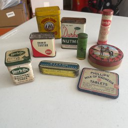 Lot Of 9 Vintage Original Spice Metal Jars - Advertising Kitchen Collectibles