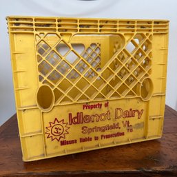 Vintage Idlenot Dairy, Springfield VT Yellow Plastic Milk Crate With Sun (KR)