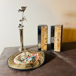 Pair Of Mirrored Cork Book Ends, Metal Flower And Embroidered Silk (BSMT Back Right)