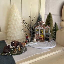 Dept. 56 Village House And Figures With Bottle Brush Trees (porch)