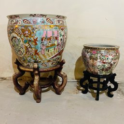 Set Of 2 Large Beautifully Ornate Asian Themed Planters With Wooden Stands (BSMT Near Stairs)
