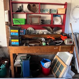 Garden Workbench With Contents: Garden Decor, License Plates, Tools And More (Garage)