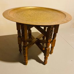 Folding Moraccan Wine Table With Etched Brass & Carved Wood Legs (BSMT Back Right)