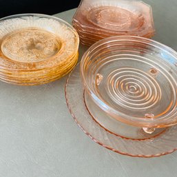 Set Of Light Pink Depression Glass Small Plates & A 3 Legged Bowl (NK 50628)