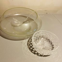 Vintage Large Glass Punch Bowl, Serving Spoon & Leaded Glass Bowl (BSMT Back Right)