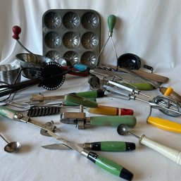 Large Lot Of Vintage Kitchen Tools, Ricer, Hand Mixers, Masher, Jello Molds, Knives, Can Opener, Etc (NK)