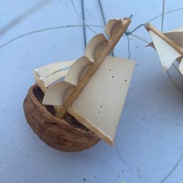 Cute! Handmade Hanging Decoration Of Little Sailing Ships From Paper & Walnuts - See Note (garage)