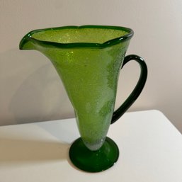 Beautiful Green Blown Glass Pitcher With Bubbles In Glass (EF) (LR3)