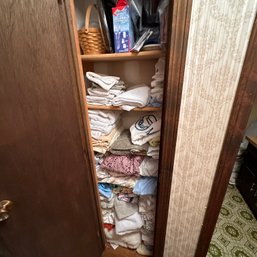 Linen Closet Lot Including Basket, Iron, Towels, & Sheets (LR)