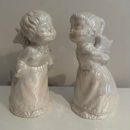 Pair Of Vintage Iridescent Ceramic Angel Figures (EF) (LR3)