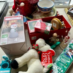 Misc Christmas Lot, Inc GUND Stuffie, Ornaments, Ceramic Serving Pieces, Blow Up Snowman, Large Basket (LR)