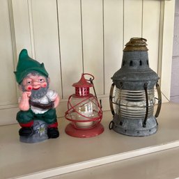 Vintage Garden Gnome And Lanterns (porch)
