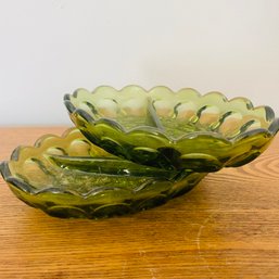 Pair Of Small Green Glass Divided Serving Dishes (LR)
