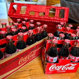 6 Six Pack Glass Bottles Of COCA COLA Racing Family Edition Plus Red Plastic COKE Carrier (LR)