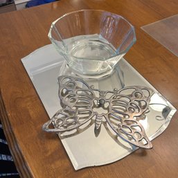 Trio Of Decorative Pieces: Mirror, Glass Bowl, Butterfly Trivet (DR)