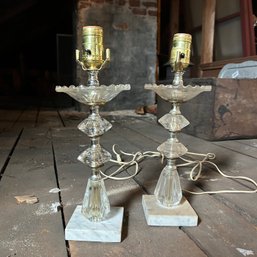 Pair Of Vintage Crystal Table Lamps, Marble Base, No Lampshades (attic)