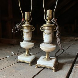 Pair Of Vintage Marble And Brass Table Lamps, No Lampshades (attic)