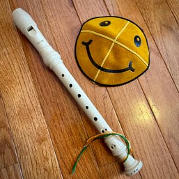 YAMAKA & YAMAHA! Friendly Leather Smiley Face Kippah With A Yamaha Recorder (LR)