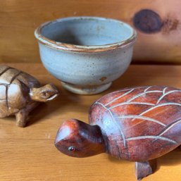 Pair Of Wooden Turtles & Ceramic Bowl (porch)